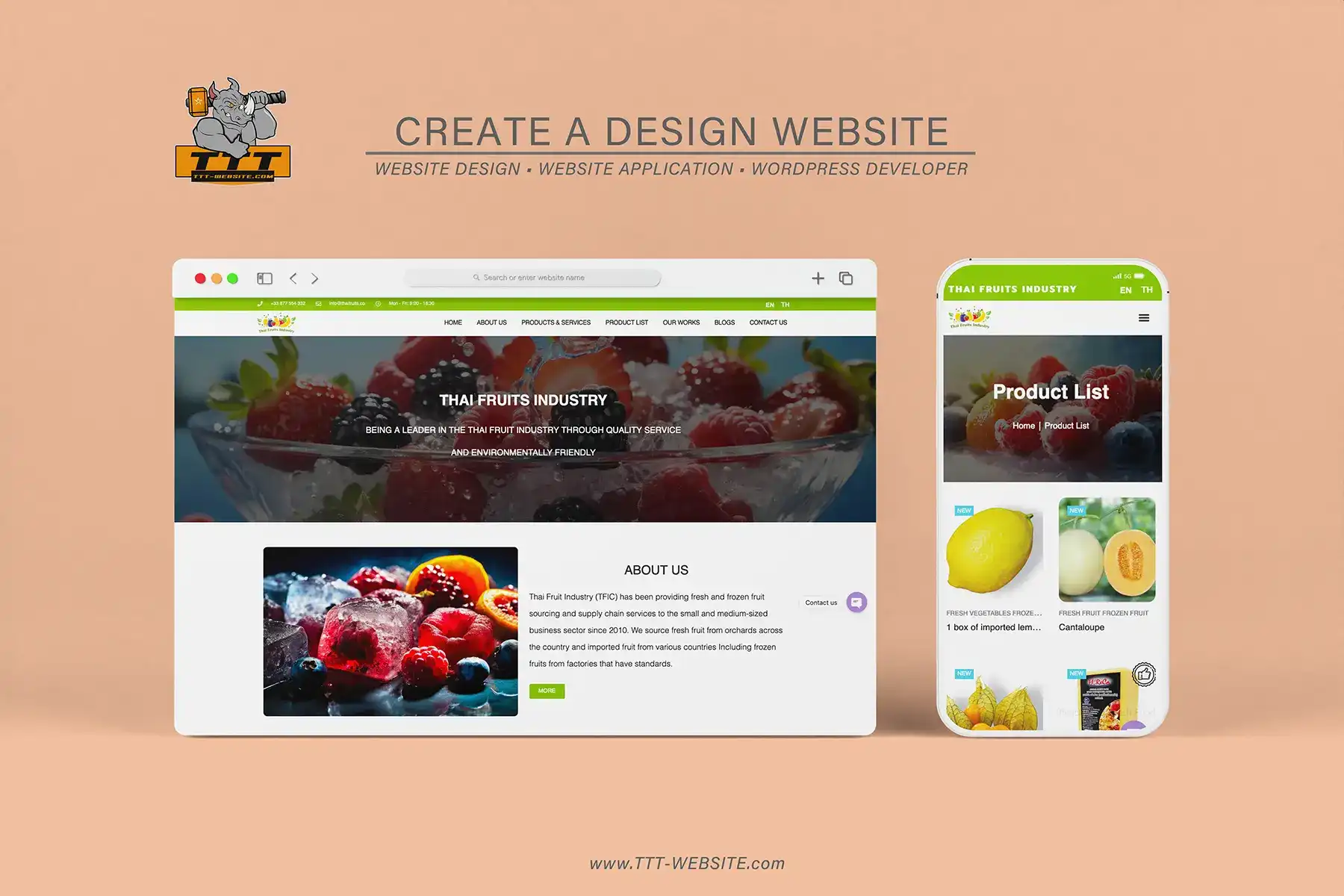 รับทำเว็บไซต์ รับออกแบบเว็บไซต์ เว็บไซต์สำเร็จรูป Wordpress ตัวอย่างเว็บไซต์ - ขนส่งในรูปแบบผลไม้ และเนื้อสัตว์แช่เย็น TTT-WEBSITE